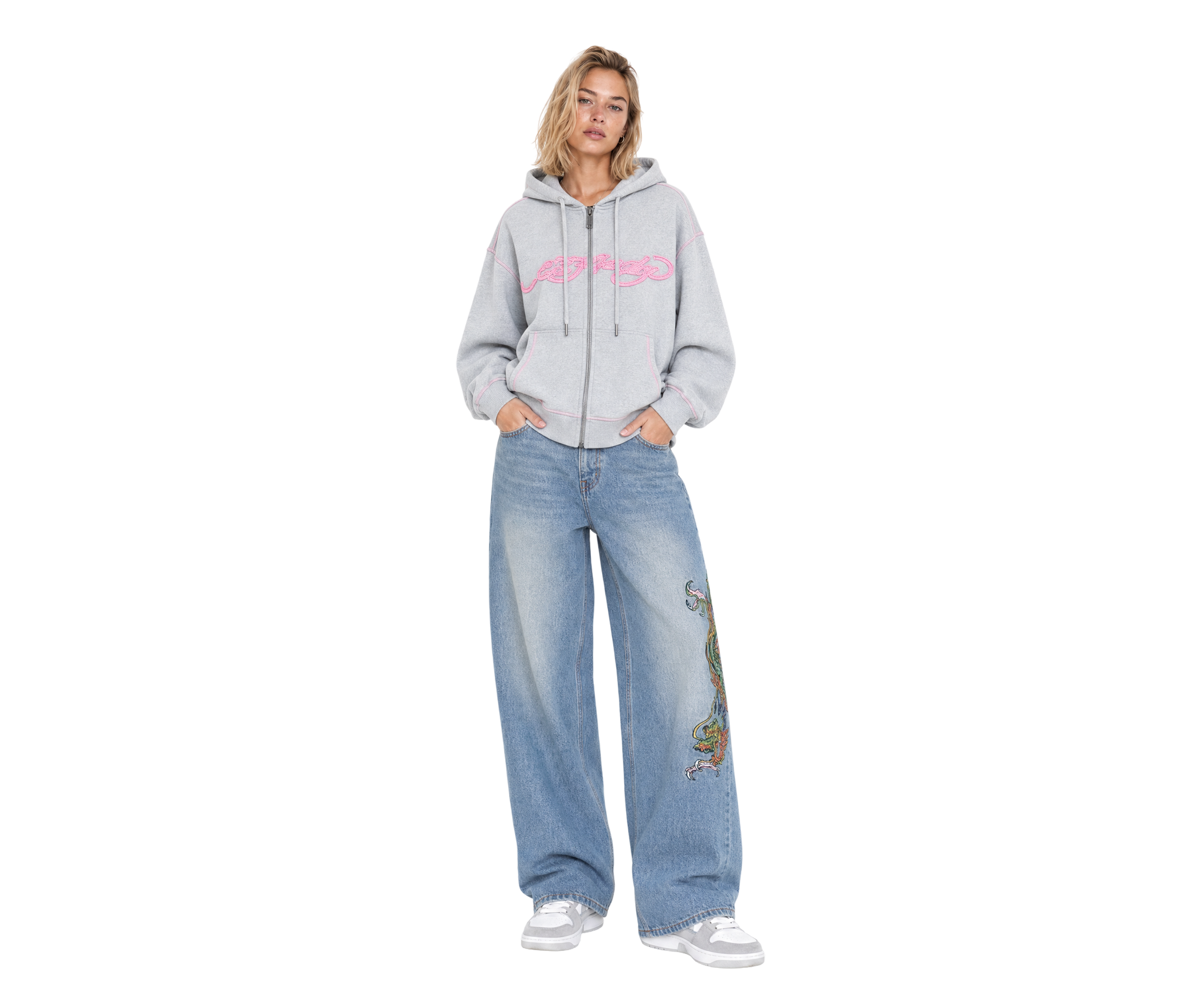 Ed Hardy Back Tatoo Cropped Hoodie Grey Marl