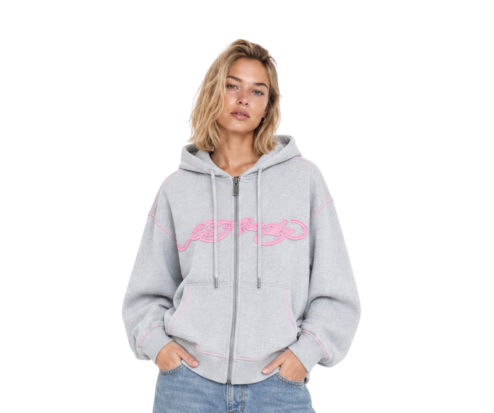 Ed Hardy Back Tatoo Cropped Hoodie Grey Marl