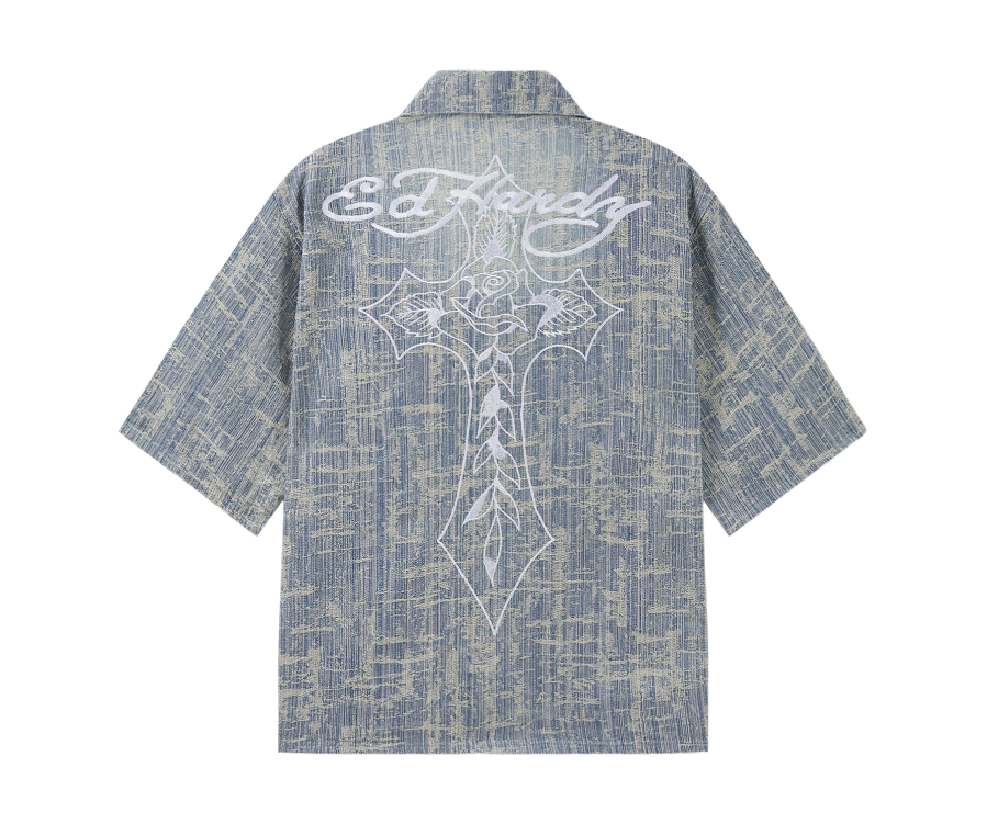 Ed Hardy Distressed Cross Denim Shirt