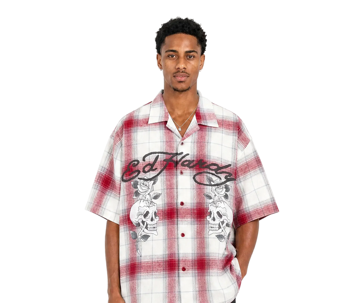 Ed Hardy Gothic Check Revere Boxy Fit Shirt Red