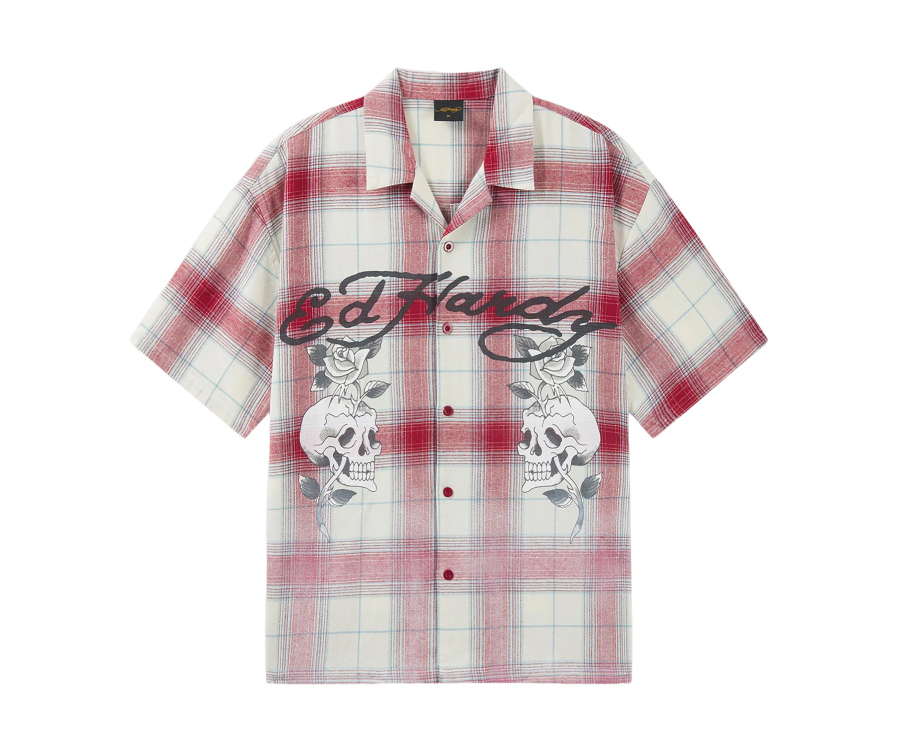 Ed Hardy Gothic Check Revere Boxy Fit Shirt Red
