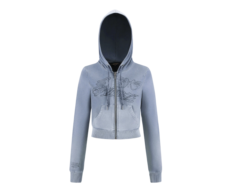Ed Hardy Watchingfly Cropped Zip Thru Hoodie Grey (Women's)