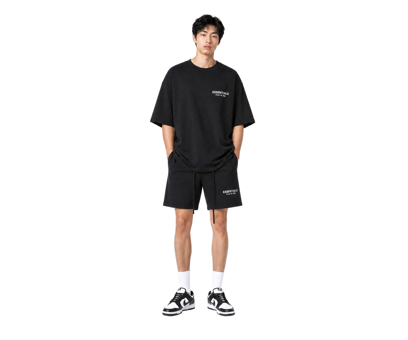 Tricou cu guler rotund Fear of God Essentials din jersey, negru (FW24)