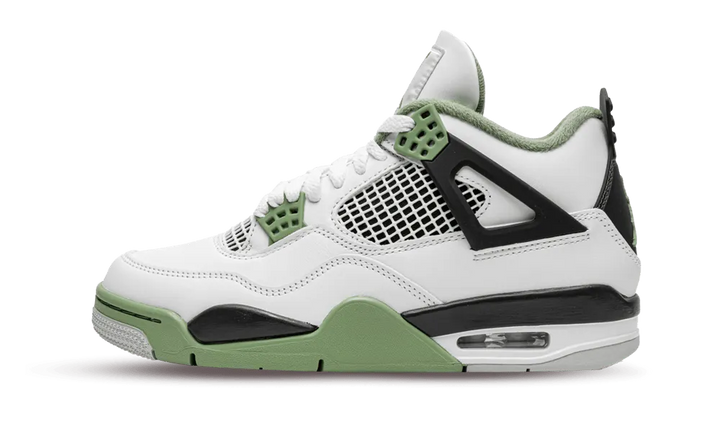 Air Jordan 4 Retro Seafoam cipő fehér bőr felsőrésszel és tengerzöld részletekkel.