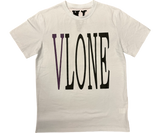 Vlone T-shirt with white and purple "VLONE" graphic.