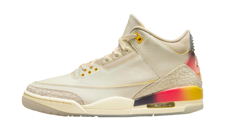 Air Jordan 3 Retro J Balvin Medellín Sunset sneaker with cream upper and sunset gradient heel.