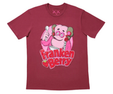 Red t-shirt with KAWS Franken Berry graphic.