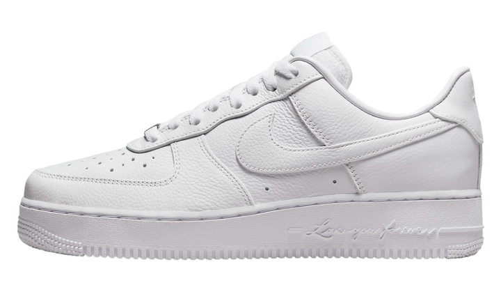 A white Nike Air Force 1 Low sneaker with "Love you forever" text on the sole.