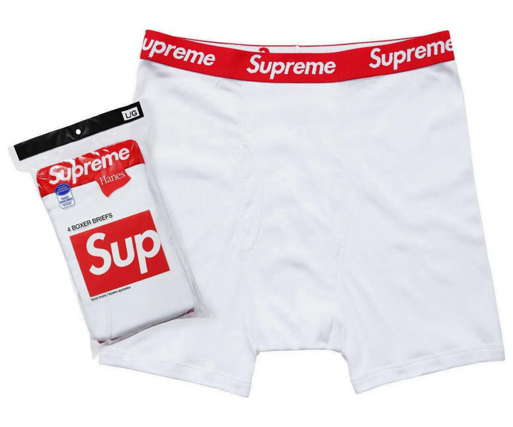 Supreme x Hanes white boxer briefs, 4 pack.