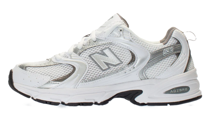 New Balance 530 white and silver metallic sneakers.