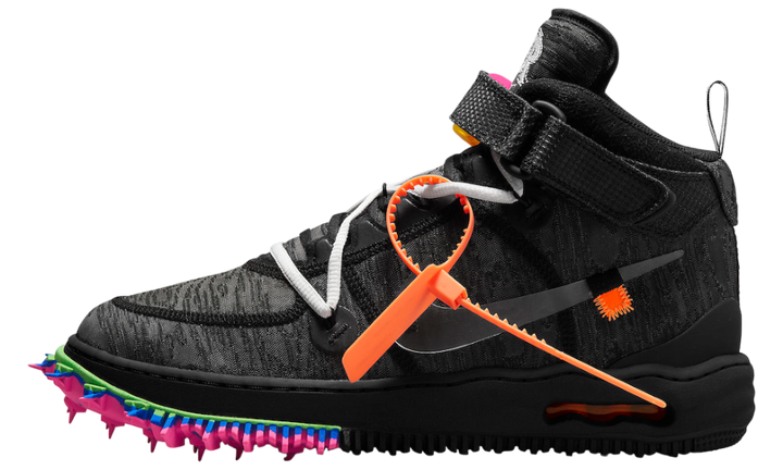 Nike Air Force 1 Mid Off-White Black sneaker with colorful spiked sole.