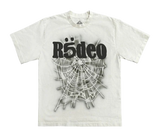 White t-shirt with a black spiderweb graphic and "R5deo" text.