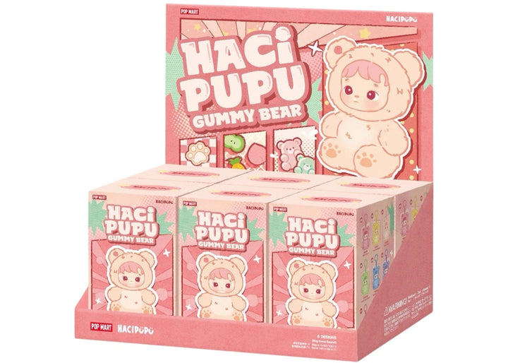 Pop Mart HACIPUPU Gummy Bear Series vinyl plush pendant blind box display.