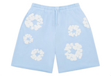 Light blue sweatshorts with white puff-print cotton wreath designs.