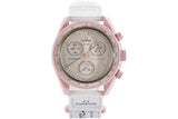 Swatch x Omega Bioceramic Moonswatch Mission to Venus watch with pink case and white strap.