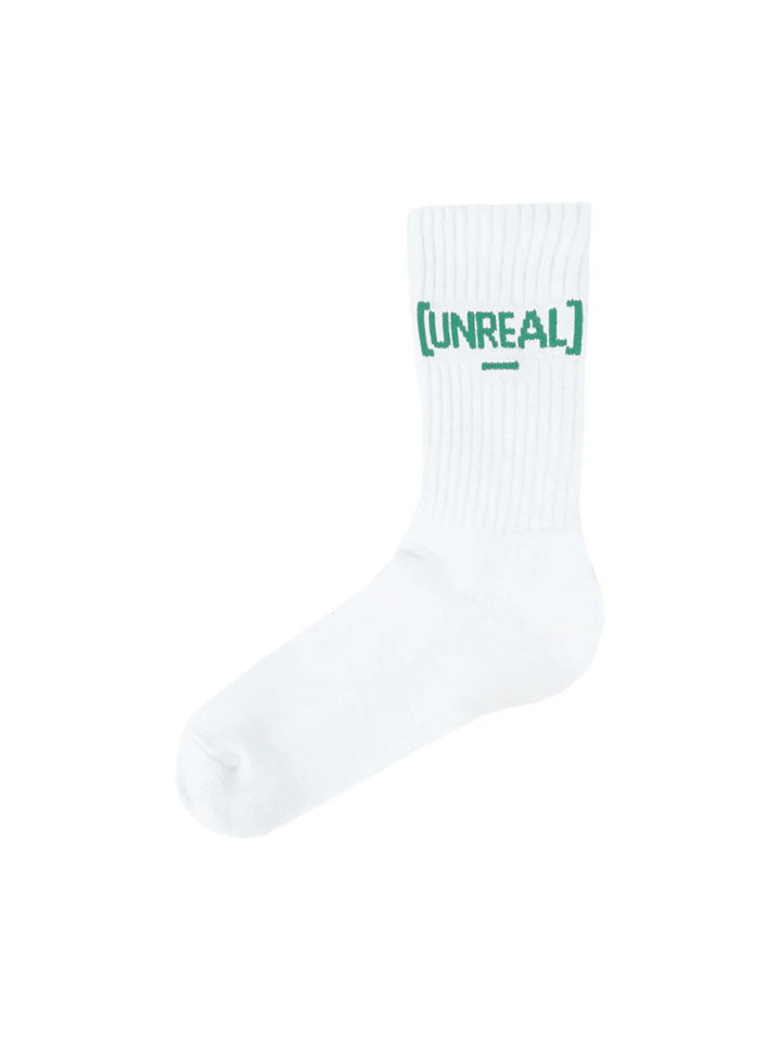 UNREAL white socks with a dark green logo.