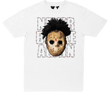 Fehér Vlone x Never Broke Again póló, elől egy maszkos és szögesdrót mintával.
