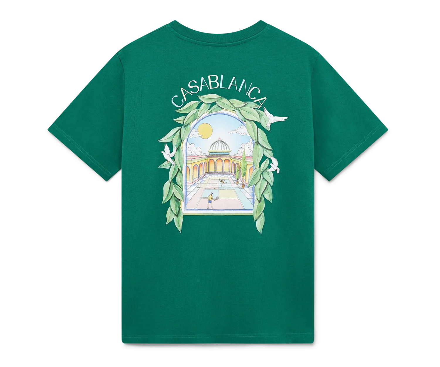 Casablanca zöld, rövid ujjú póló teniszpálya és építészeti motívummal.