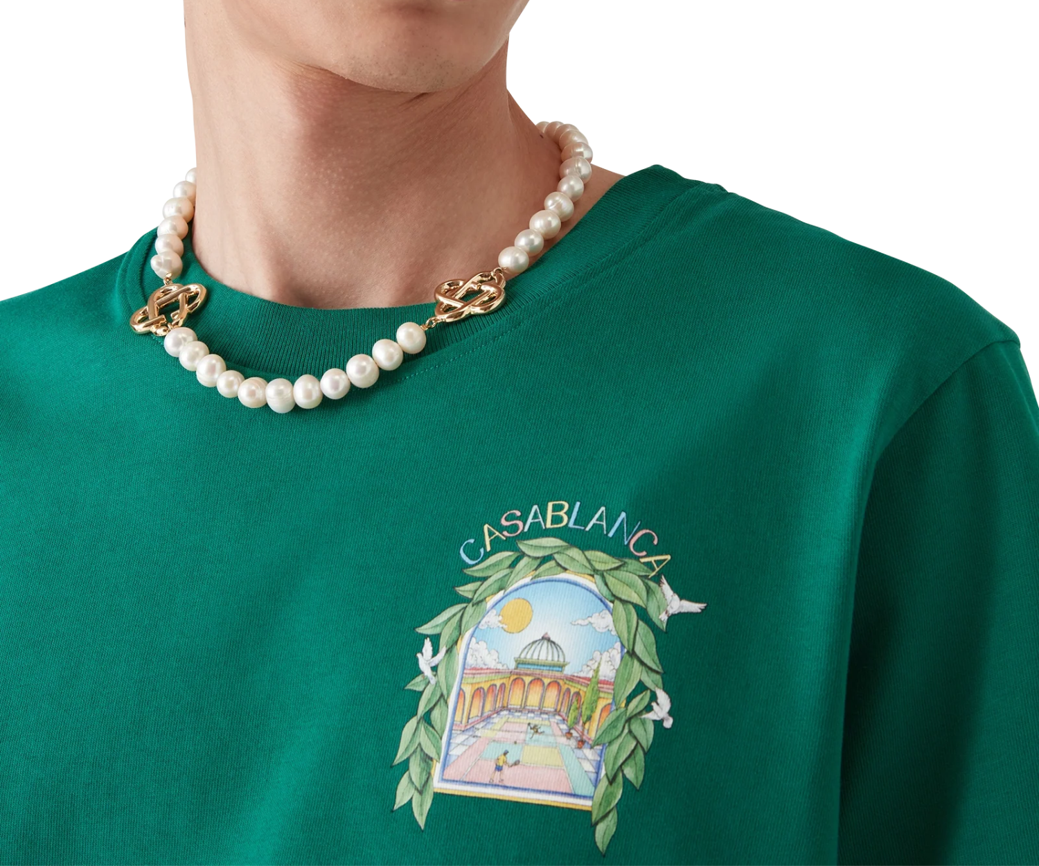 Casablanca green short sleeve t-shirt with pearl necklace and graphic print.