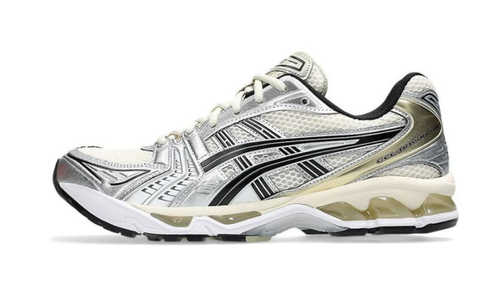 ASICS Gel-Kayano 14 férfi cipő, nyírfa és tiszta ezüst színben.
