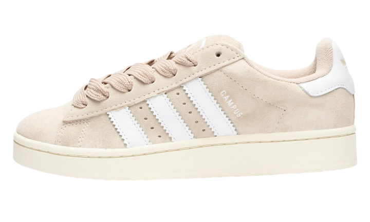 Adidas Campus 00s Wonder White cipő fehér csíkokkal és vászon felsőrésszel.