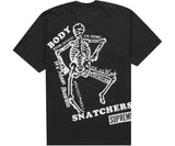Black Supreme t-shirt with a skeleton graphic and text.