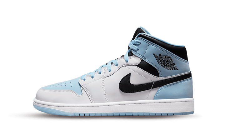 Air Jordan 1 Mid SE Ice Blue sneaker with white, light blue, and black accents.