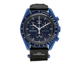 Swatch x Omega Moonswatch Mission to Neptune with blue dial and black strap.