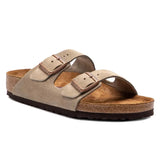 Birkenstock Arizona taupe suede sandals with two adjustable buckles.