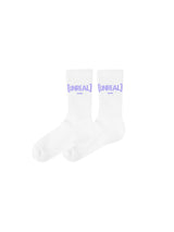 White socks with purple UNREAL logo.