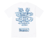 White Supreme t-shirt with a blue graphic logo on the back.