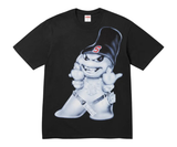 Supreme Snowman Tee Black with graphic of a cartoon snowman wearing a hat and jewelry.