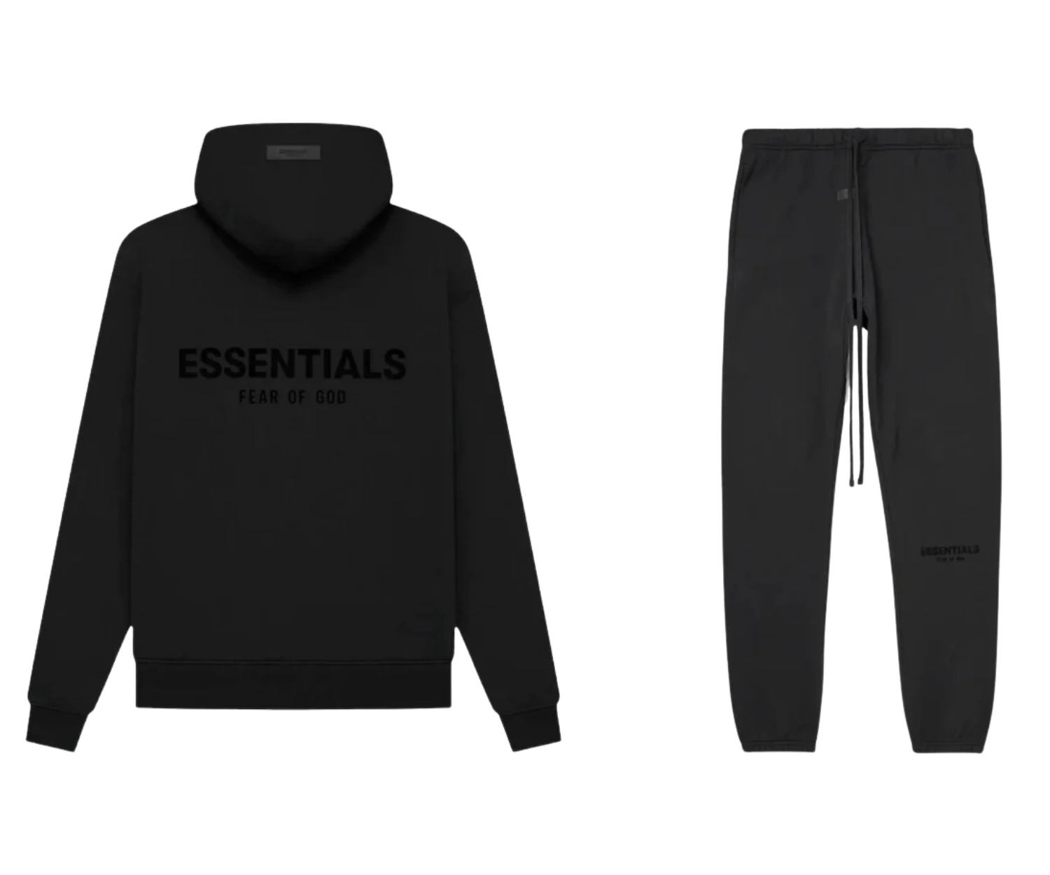 Fekete Fear of God Essentials kapucnis pulóver és melegítő nadrág szett.