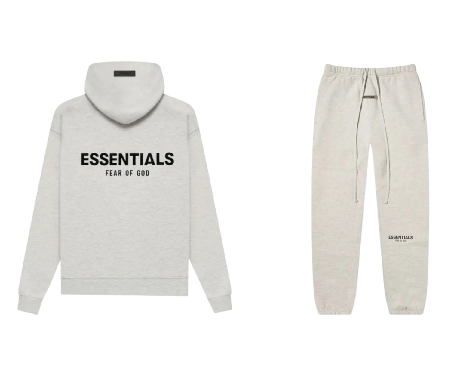 Fear of God Essentials világos zabpehely színű szett, kapucnis pulóverrel és melegítőnadrággal.