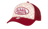 Von Dutch trucker sapka piros színben, ismétlődő logó mintával.