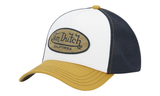 Von Dutch trucker sapka fehér, sötétkék és mustársárga színben, ovális logóval.