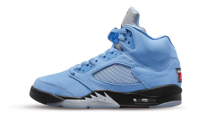 Air Jordan 5 Retro UNC sneaker in light blue with black accents.