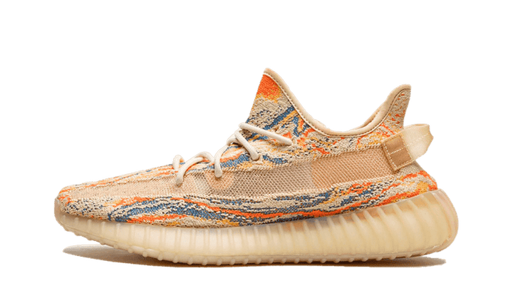Yeezy Boost 350 V2 MX Oat sárga, narancssárga és kék mintás cipő.