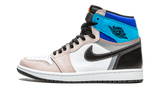 Air Jordan 1 High OG Prototype sneaker with white, beige, black, and blue accents.