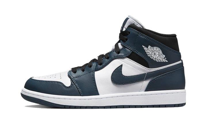 Air Jordan 1 Mid Dark Teal sneaker with white and dark teal overlays.