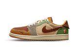 Air Jordan 1 Retro Low OG Zion Williamson Voodoo cipő, barna velúrral és patchwork részletekkel.