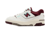 New Balance 550 white, burgundy, and blue sneakers.
