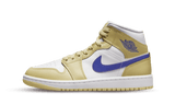 Air Jordan 1 Mid Lemon Wash Lapis sneaker with white and yellow leather accents.