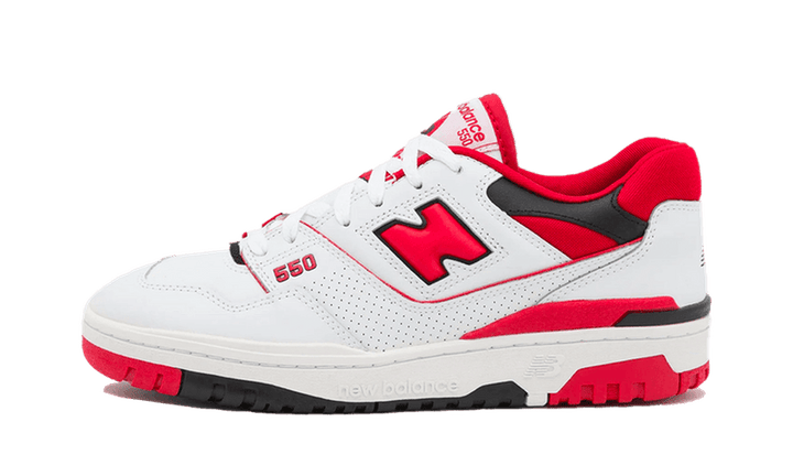 New Balance 550 White Red sneaker with white leather and red accents.