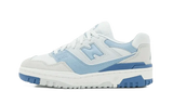 New Balance 550 Summer Fog Dusk Blue sneaker with white leather and blue/grey accents.