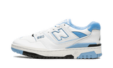 New Balance 550 UNC White University Blue sneaker with white and light blue accents.